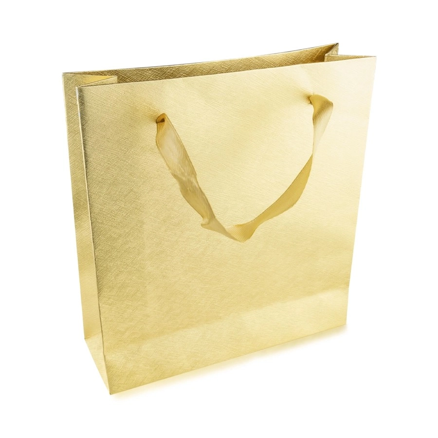 Levně Papírová dárková taška - zlatá barva, lesklý mřížkovaný povrch