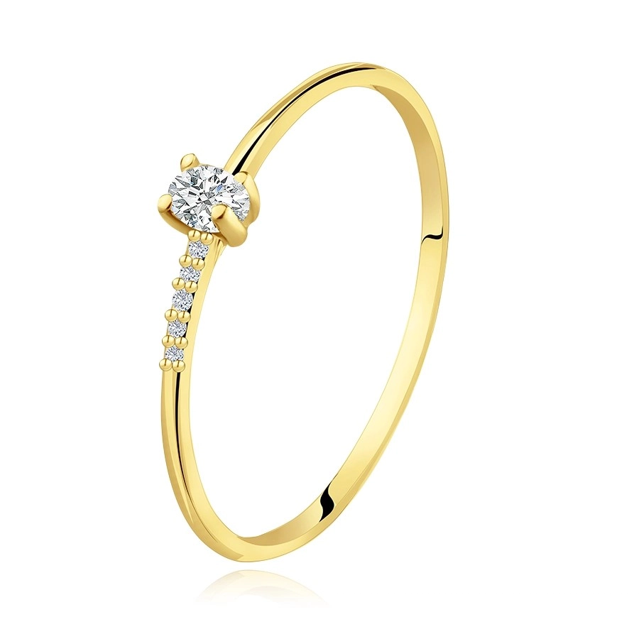 Zlatý 14K prsten ze žlutého zlata - oválný zirkon, řada kulatých zirkonů - Velikost: 60