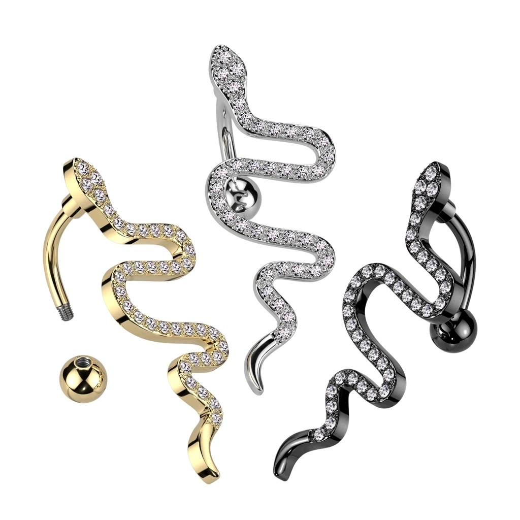 Ocelový piercing do pupíku - plazící se had, čirý zirkon, PVD - Barva: Stříbrná