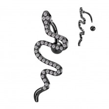 Ocelový piercing do pupíku - plazící se had, čirý zirkon, PVD