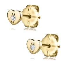 Diamantové náušnice ze žlutého zlata 585 - srdce s briliantem, puzety