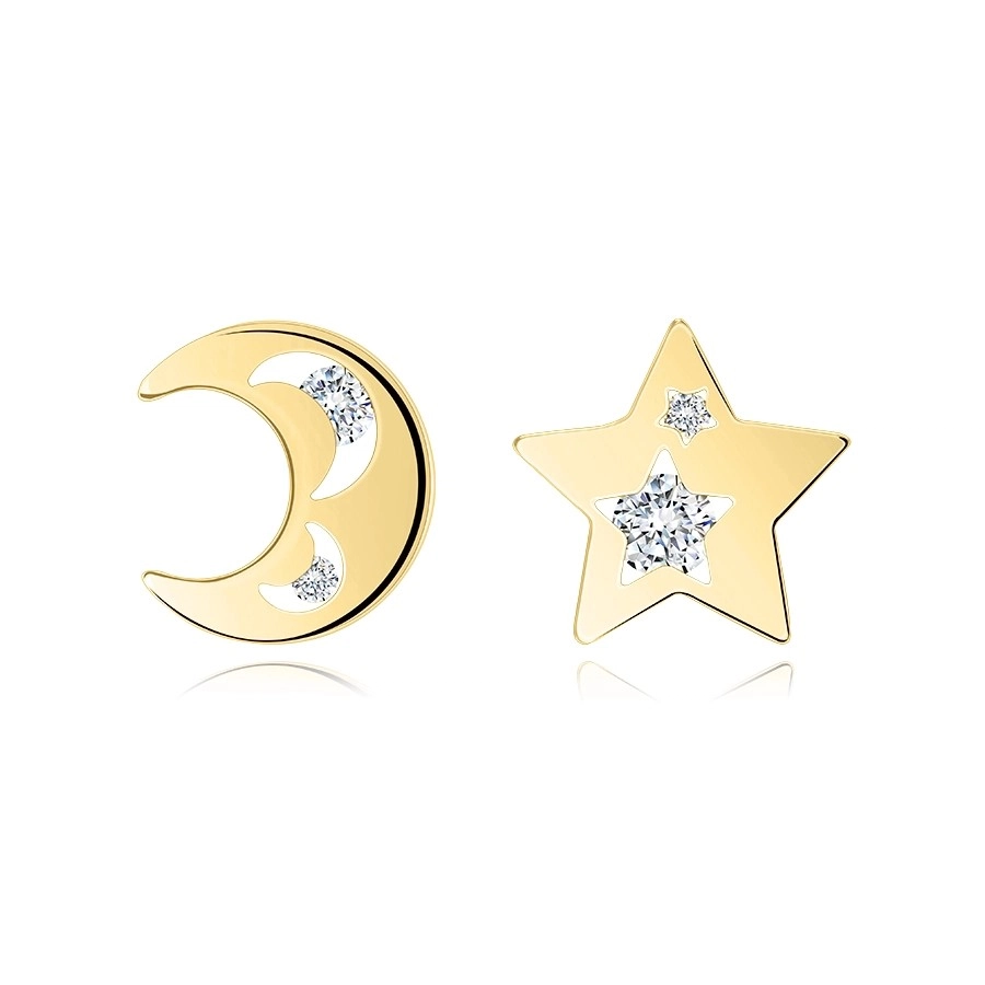 Náušnice ze žlutého 14K zlata - měsíc a hvězda, kulaté zirkony, puzetky