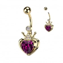 Ocelový piercing do pupíku - srdce s růžovým krystalem a korunkou