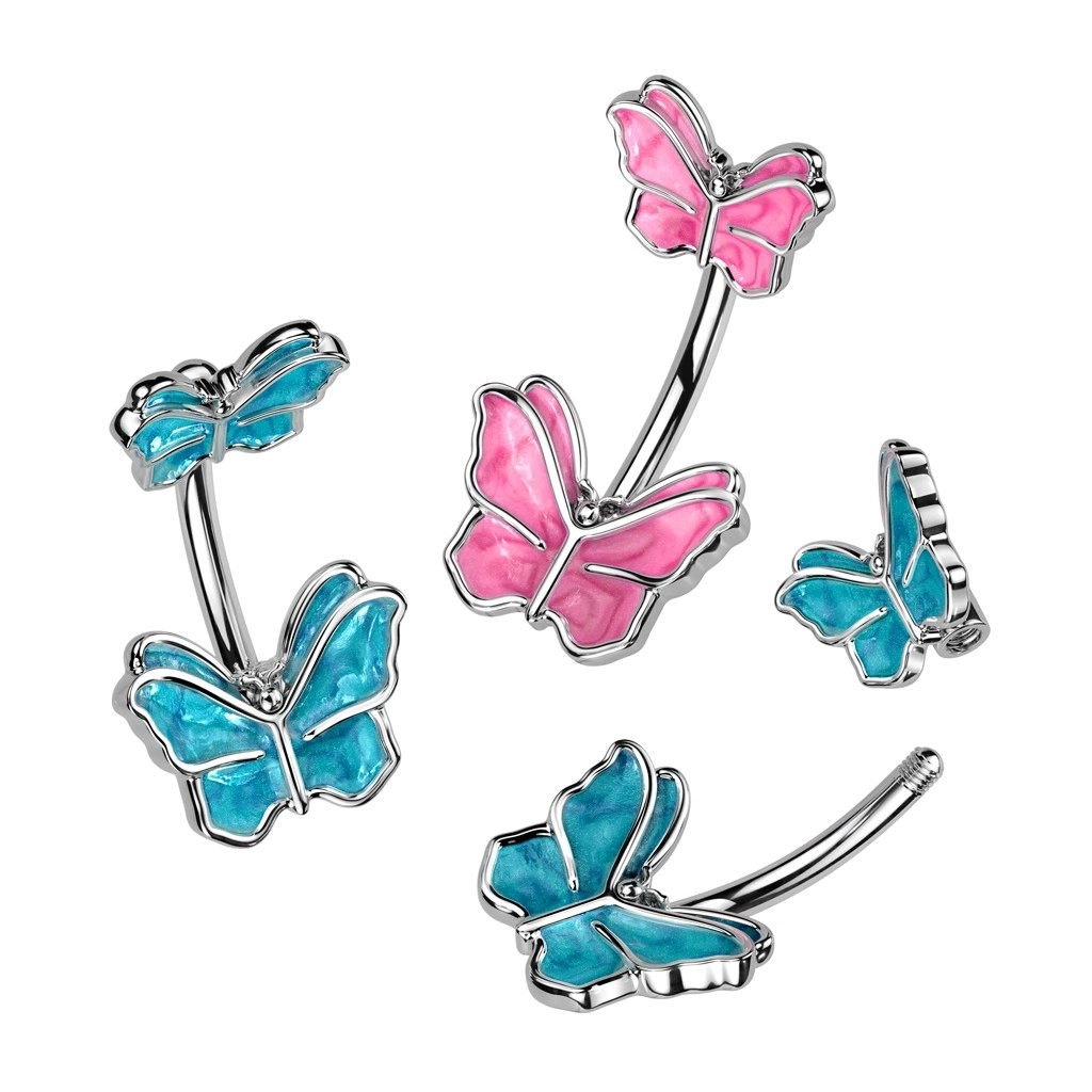 Piercing do břicha z oceli - motýl v růžové nebo modré barvě, pokovený rhodiem - Barva: Modrá
