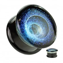 Plug z čirého pyrexového skla - vír v modrém odstínu, černé zakončení