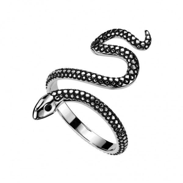 Otevřený prsten z nerezové oceli - motiv hada, stříbrná barva s patinou