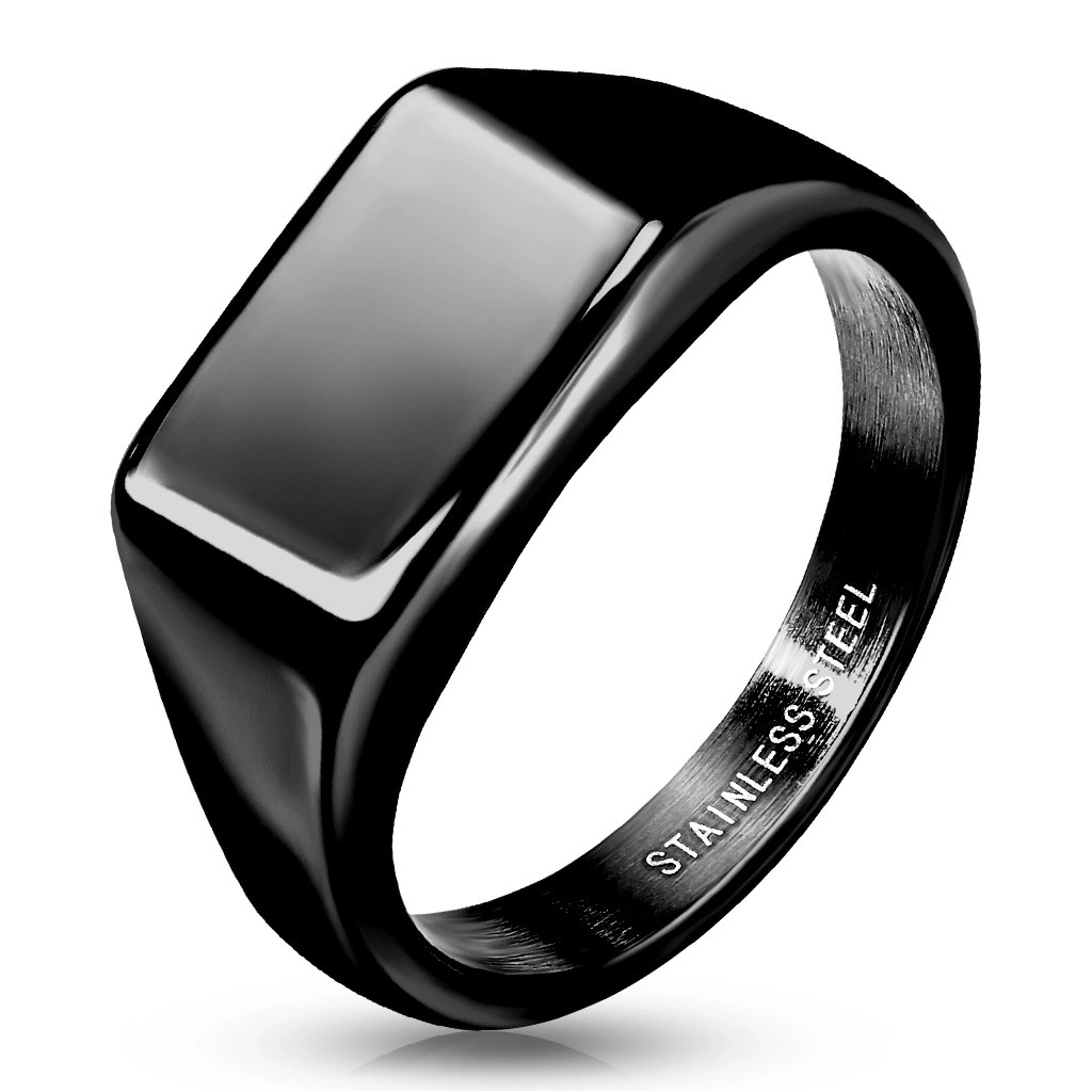 Černý prsten z nerezové oceli 316L - obdélník, hladký povrch, PVD - Velikost: 54