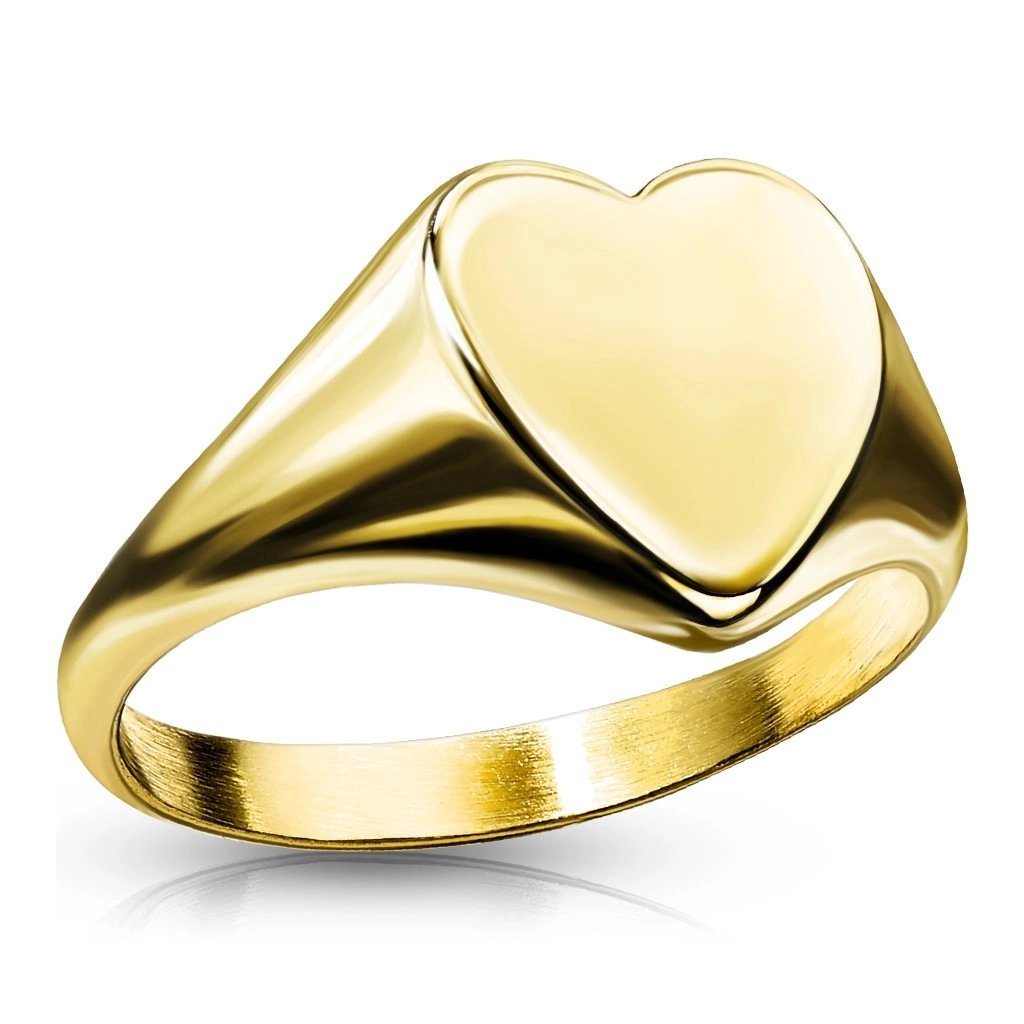 Prsten z oceli 316L - ploché hladké srdce, zlatá barva - Velikost: 53
