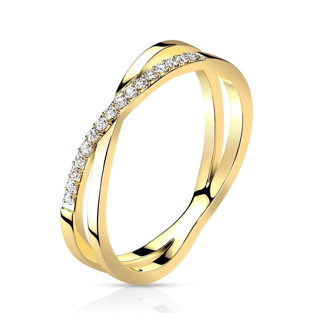 Prsten z oceli 316L - zkřížená ramena, linie zirkonů, zlatá barva - Velikost: 57