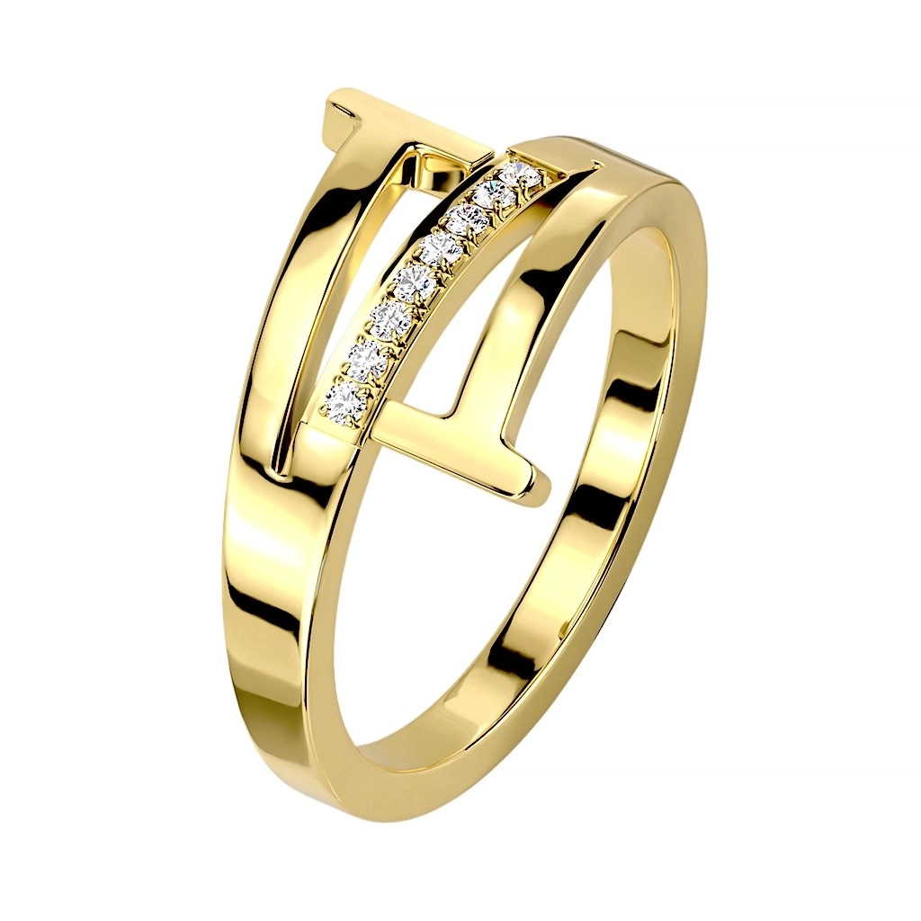 Ocel 316L zlatý prsten - trojitá linie ramen, řada čirých zirkonů - Velikost: 55
