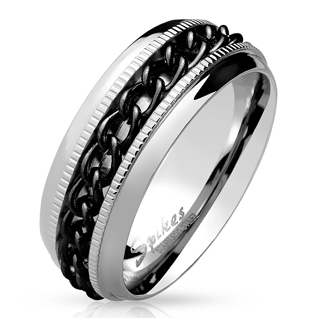 Prsten z nerezové oceli - černý řetízek, mušle, stříbrná barva - Velikost: 63