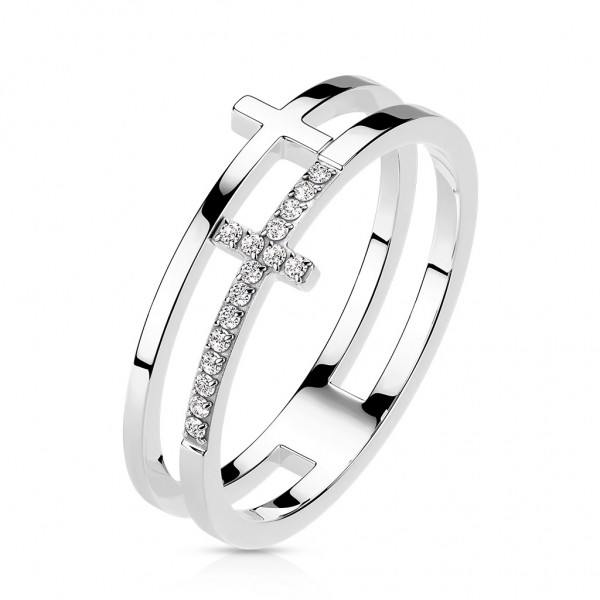 Prsten z nerezové oceli - hladký a zirkonový kříž, stříbrná barva