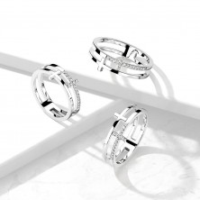Prsten z nerezové oceli - hladký a zirkonový kříž, stříbrná barva