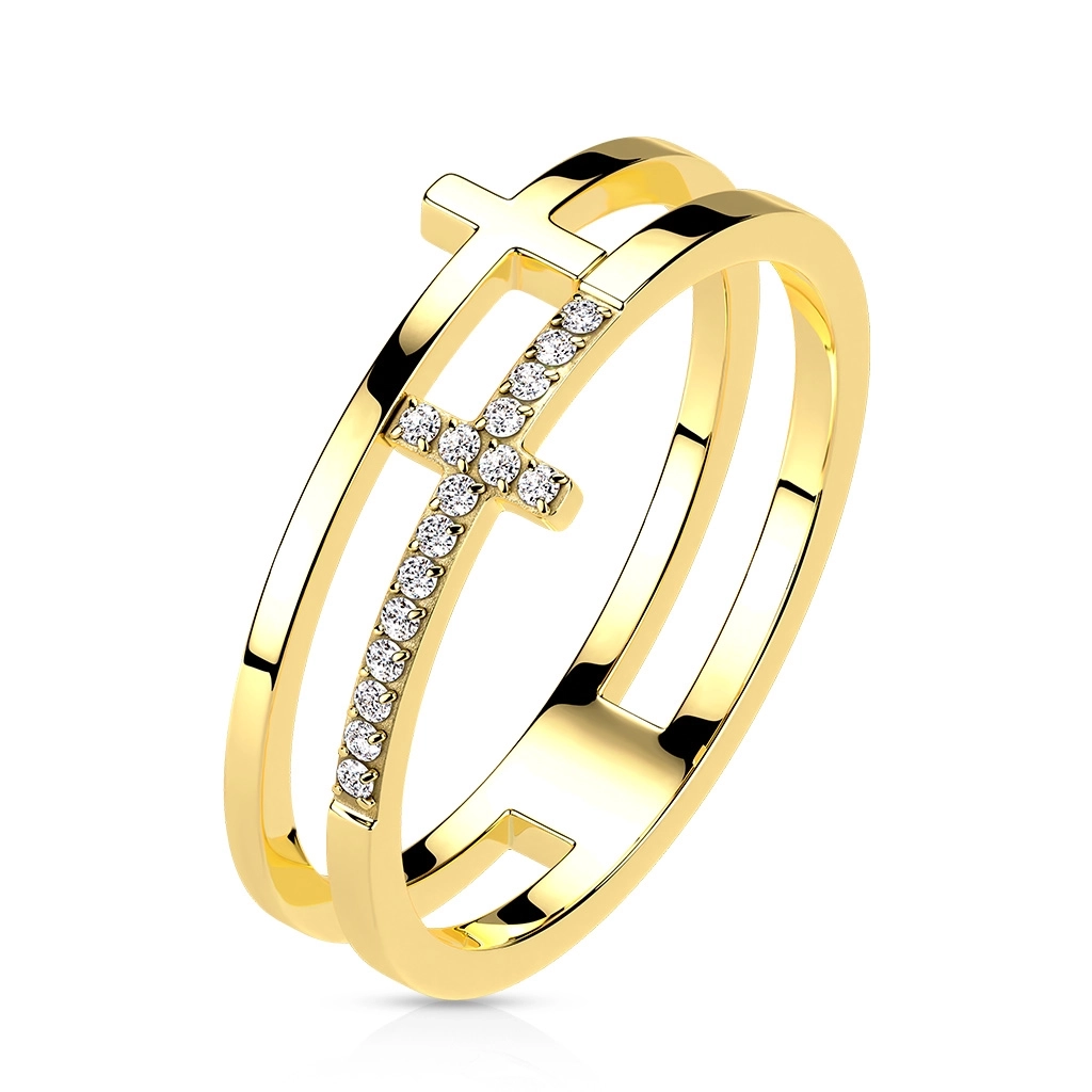 Prsten z nerezové oceli - hladký a zirkonový kříž, zlatá barva - Velikost: 51