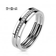 Prsten z nerezové oceli - trojitá linie, čirý zirkon, stříbrná barva
