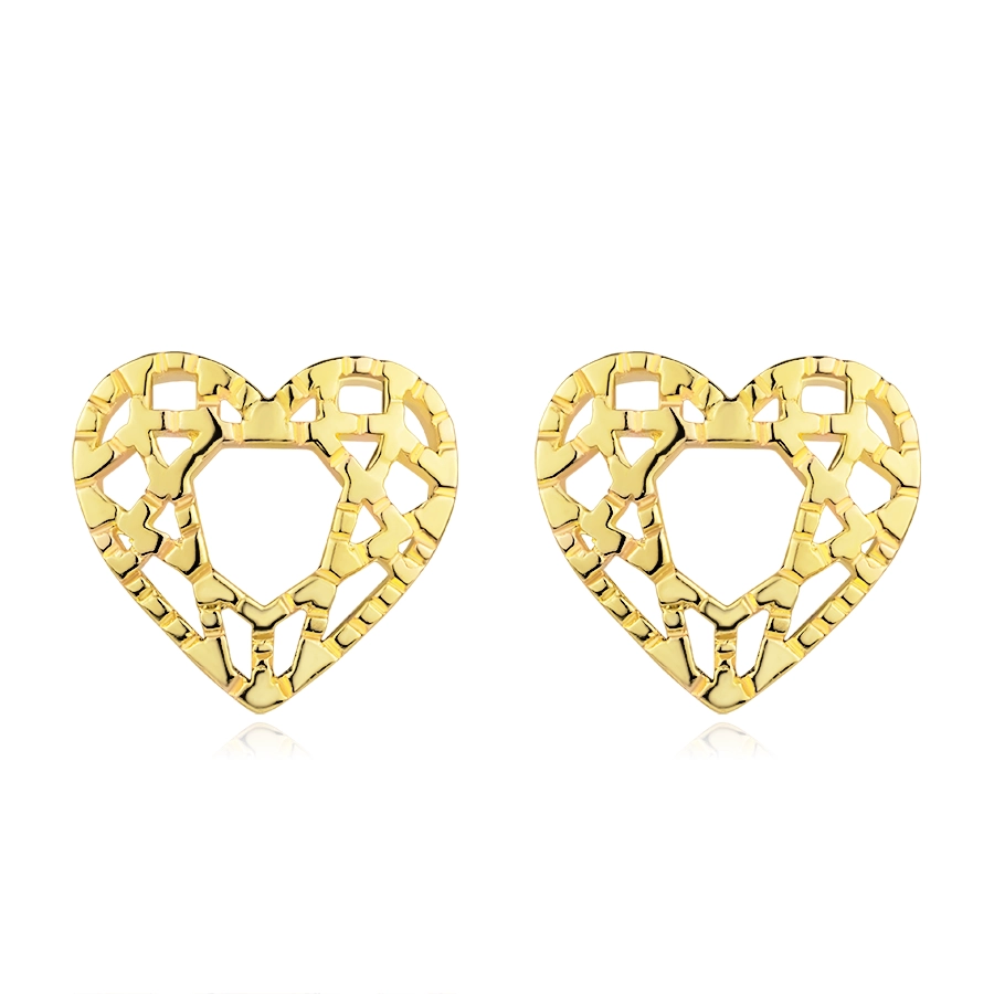 Puzetové náušnice ze žlutého 14K zlata - symetrické srdce s ornamenty