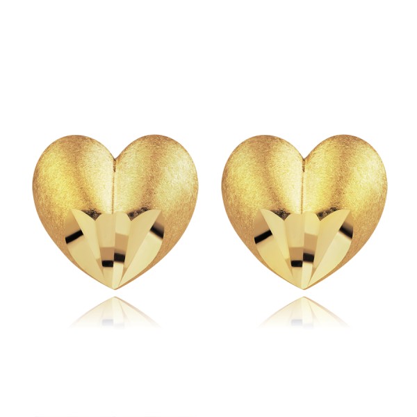 Náušnice ze žlutého 14K zlata - vypouklé strukturované srdce, zkosená špička