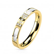 Prsten z oceli 316L - opaskový motiv s kubickými zirkony, perleť, zlatá barva