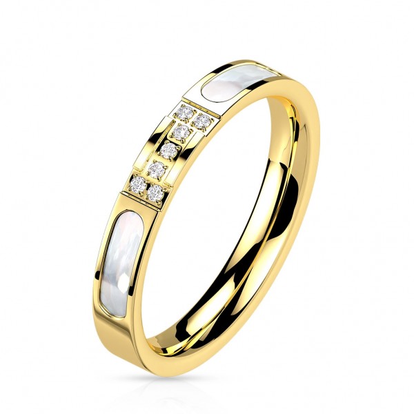 Prsten z oceli 316L - opaskový motiv s kubickými zirkony, perleť, zlatá barva