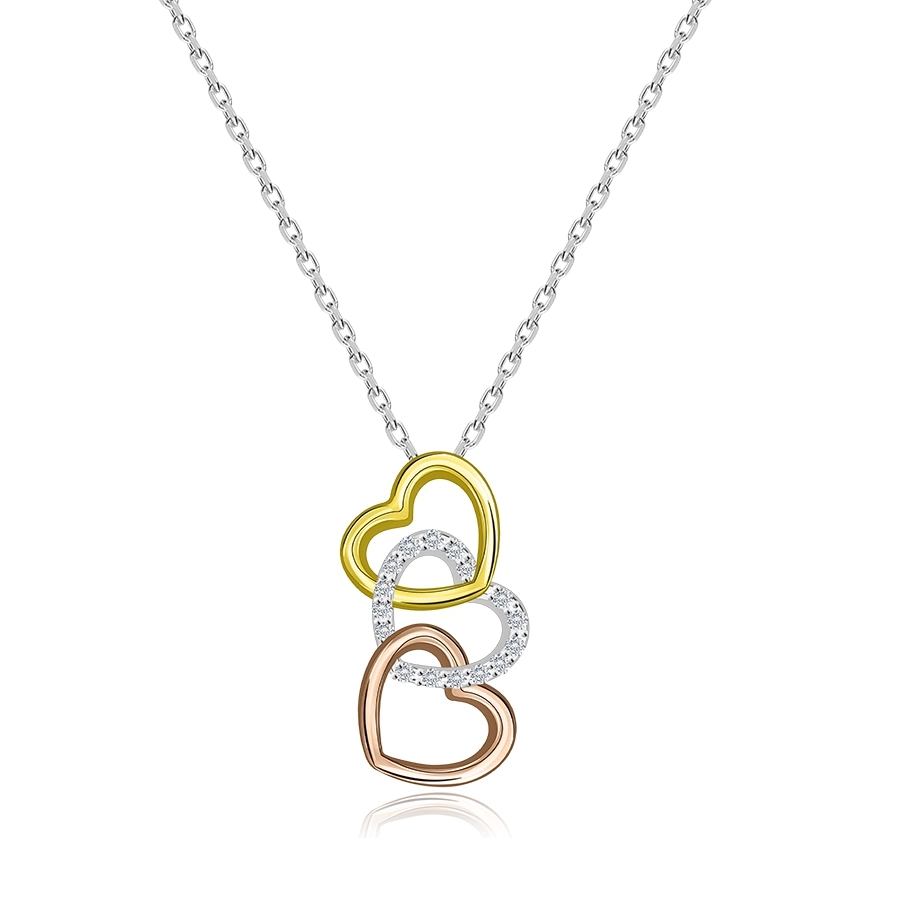 Stříbrný 925 náhrdelník - obrysy srdce ve třech barvách, zirkony