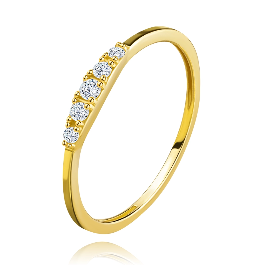 Prsten ze žlutého 9K zlata - řada vyvýšených zirkonů, tenká ramena - Velikost: 54
