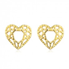 Puzetové náušnice ze žlutého 9K zlata - symetrické srdce s ornamenty