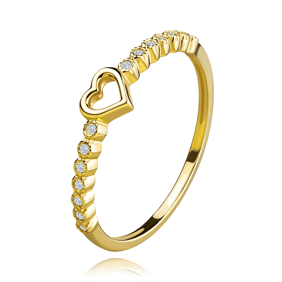 Zlatý prsten z 9K žlutého zlata - obrys srdce, čiré zirkonové květy - Velikost: 56