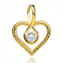 Přívěsek ze žlutého zlata 375 - strukturované srdce, zirkon v obrysu kapky