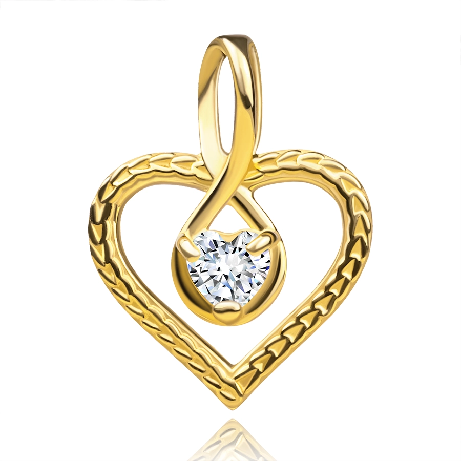 Přívěsek ze žlutého zlata 375 - strukturované srdce, zirkon v obrysu kapky