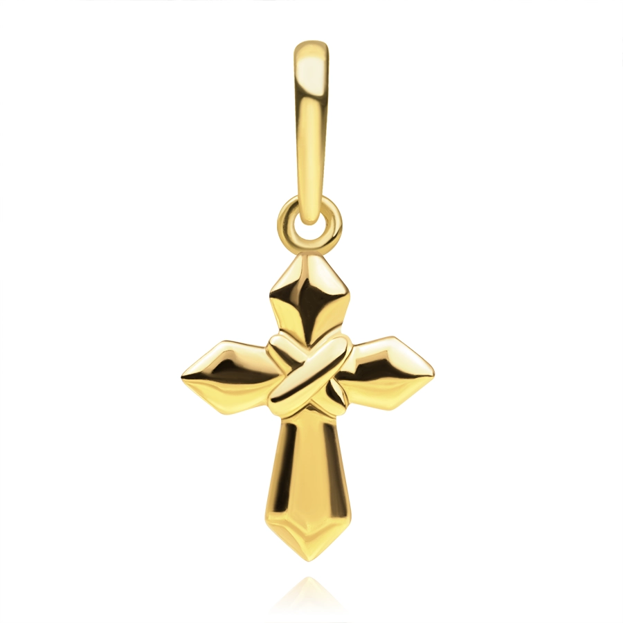 Přívěsek ze žlutého 9K zlata - křížek se zkosenými trojúhelníkovými rameny, vzor X