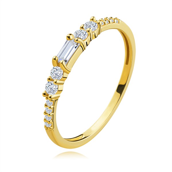 Zlatý prsten ze žlutého zlata 585 - obdélníkový a kulatý čirý zirkon