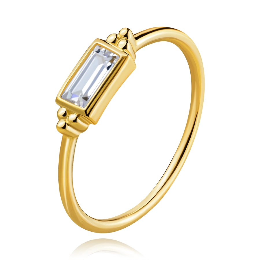 Prsten ze žlutého zlata 585 - obdélníkové zirkony, lesklé kuličky - Velikost: 52