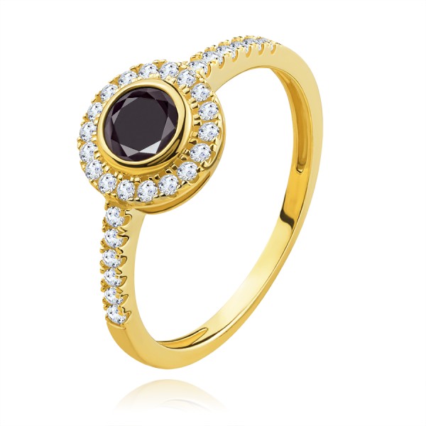 Prsten ze žlutého 14K zlata - výrazný černý zirkon, menší čiré zirkony