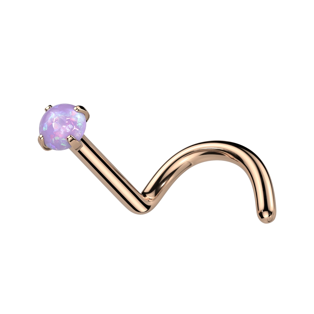 Zahnutý titanový piercing do nosu - barevný syntetický opál, 0,8 mm - Barva piercing: Zlatá - bílá