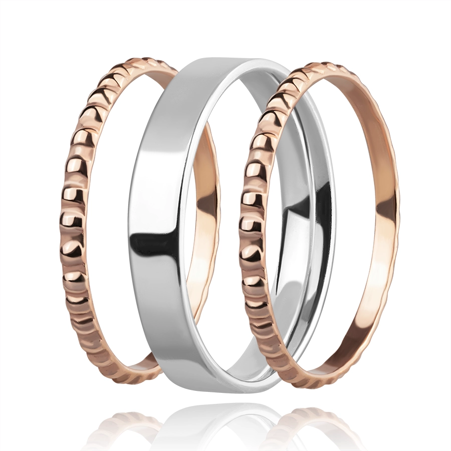 Trojset prstenů ze stříbra 925 - stříbrný prsten, vroubkované prsteny růžovozlaté barvy - Velikost: 64