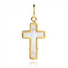 Přívěsek ze 14karátového žlutého zlata - Latinský kříž s bílou perletí