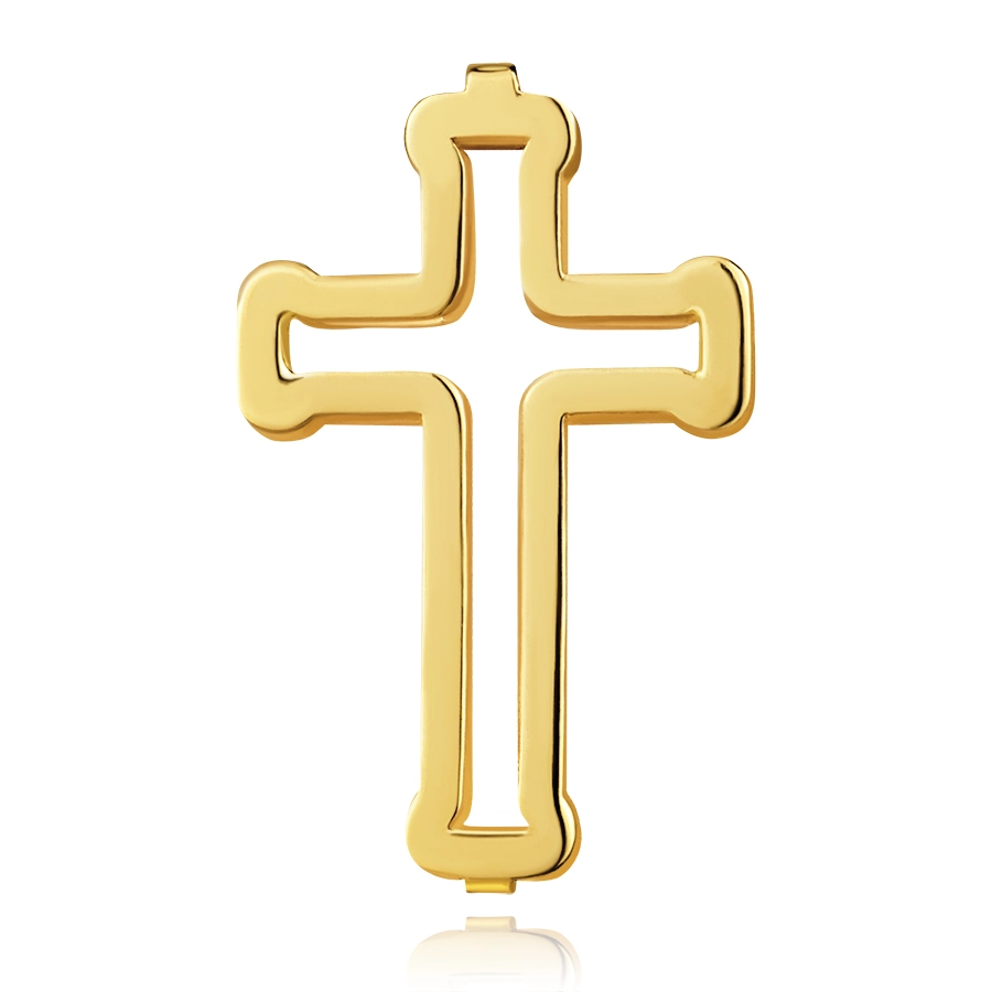 Přívěsek ze žlutého 14karátového zlata - dvojitý obrys kříže s rozšířením na koncích