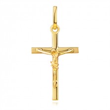 Přívěsek ze 14karátového žlutého zlata - kříž s ukřižovaným Kristem, čtvercová ramena