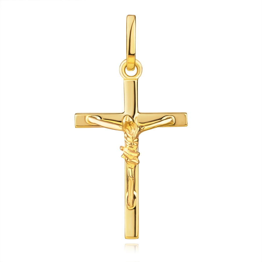 Přívěsek ze 14karátového žlutého zlata - kříž s ukřižovaným Kristem, čtvercová ramena