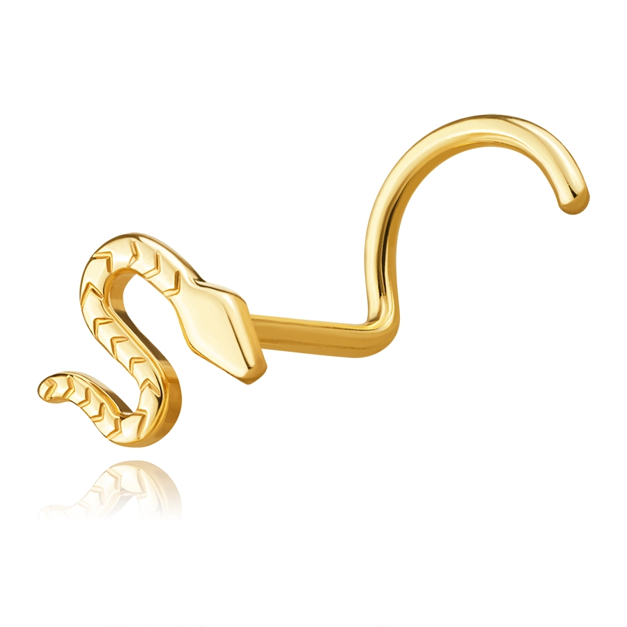 Zahnutý piercing do nosu ze žlutého zlata 585 - had se strukturovaným tělem