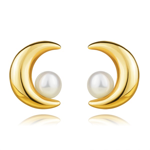 Náušnice 9K žluté zlato - měsíc s bílou kultivovanou perlou, puzetky