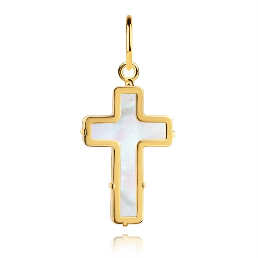 Přívěsek ze žlutého 9K zlata - latinský kříž s bílou perletí