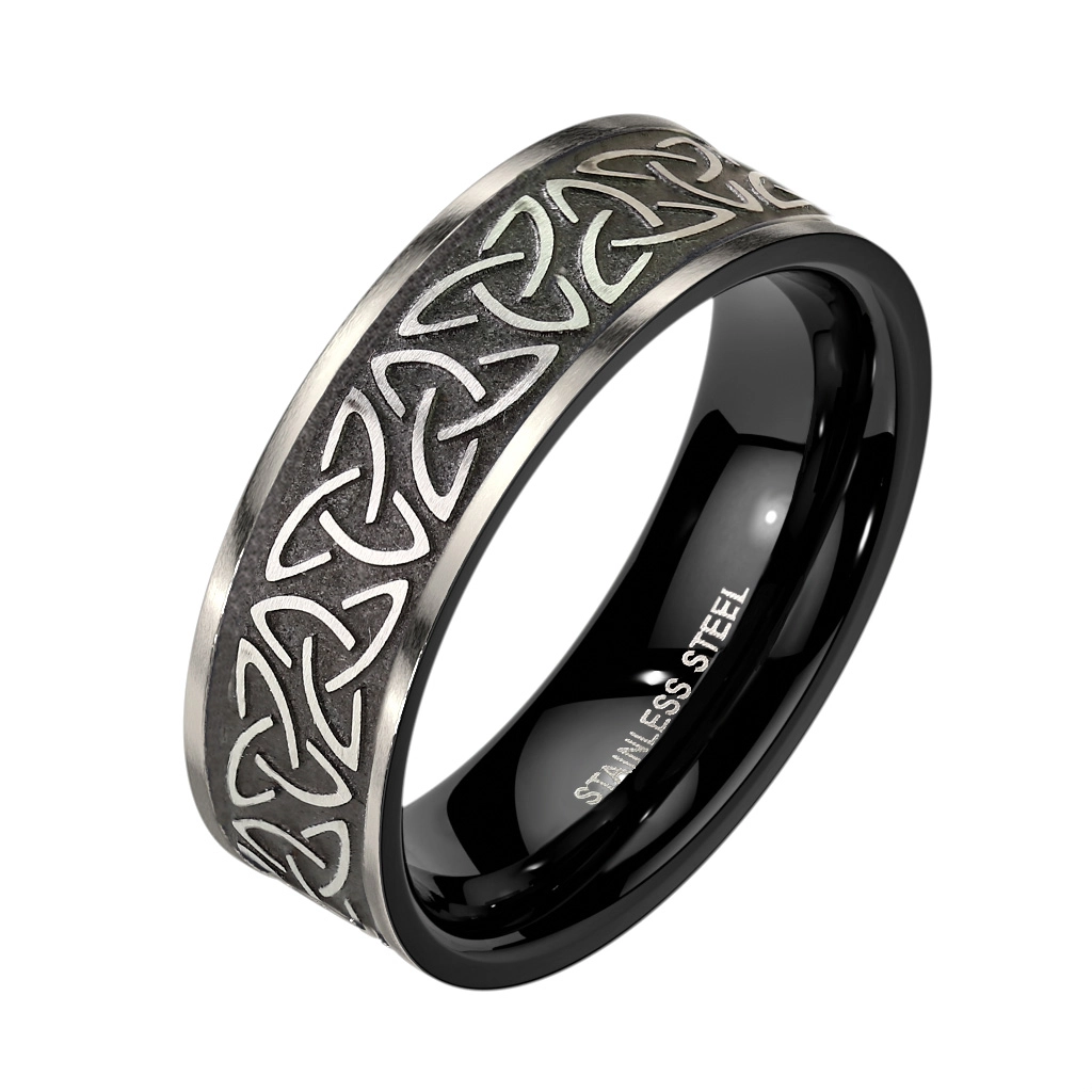 Prsten z oceli 316L v černé barvě - Keltský uzel Triquetra stříbrný - Velikost: 60