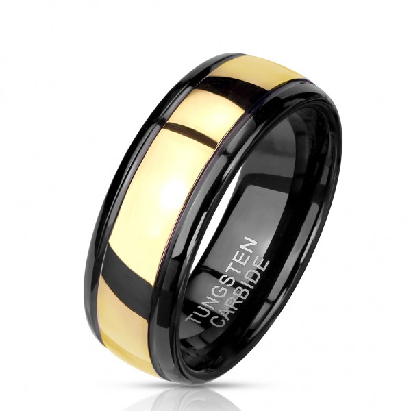 Černý wolframový prsten - lesklý pásek ve zlaté barvě, 8 mm