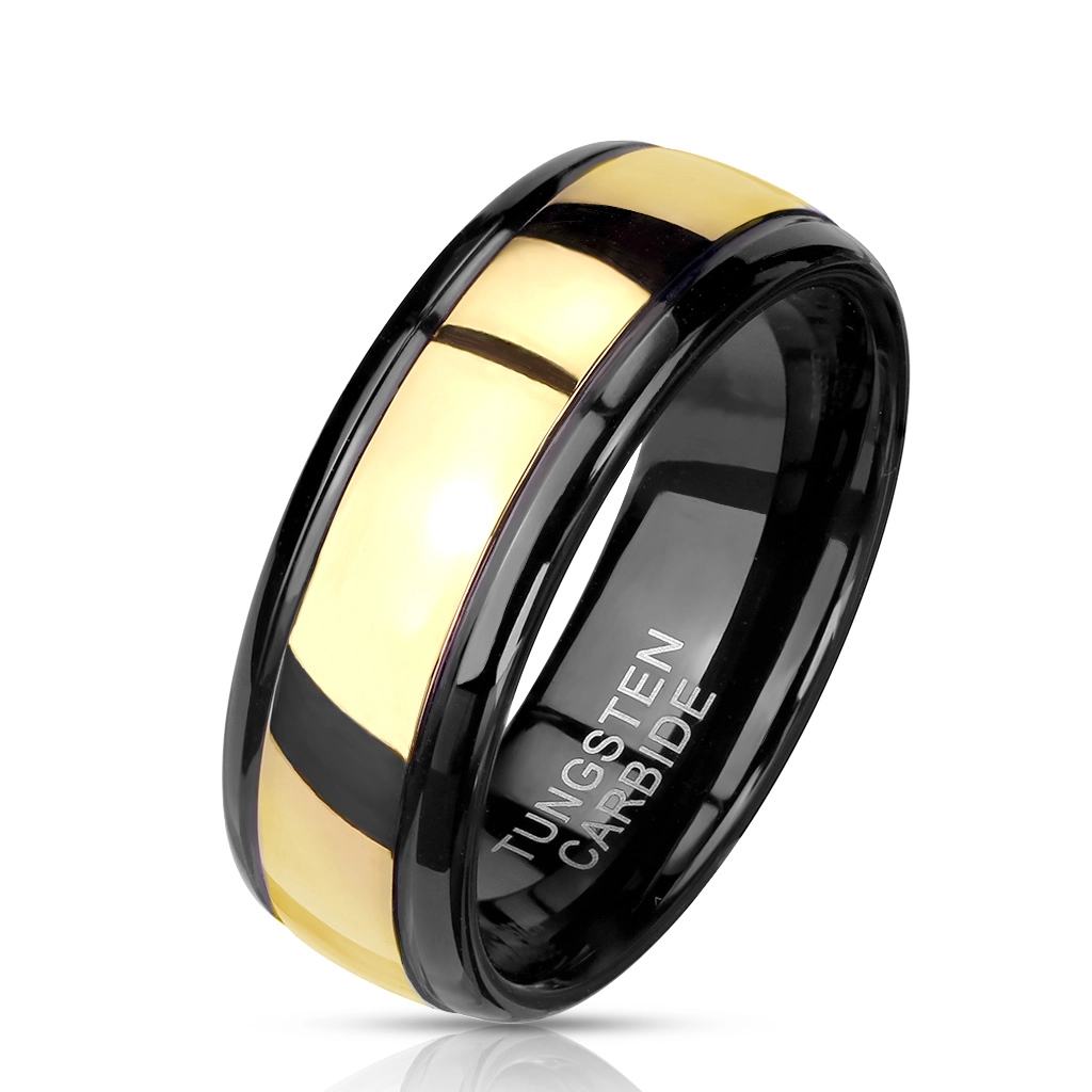 Černý wolframový prsten - lesklý pásek ve zlaté barvě, 8 mm - Velikost: 62