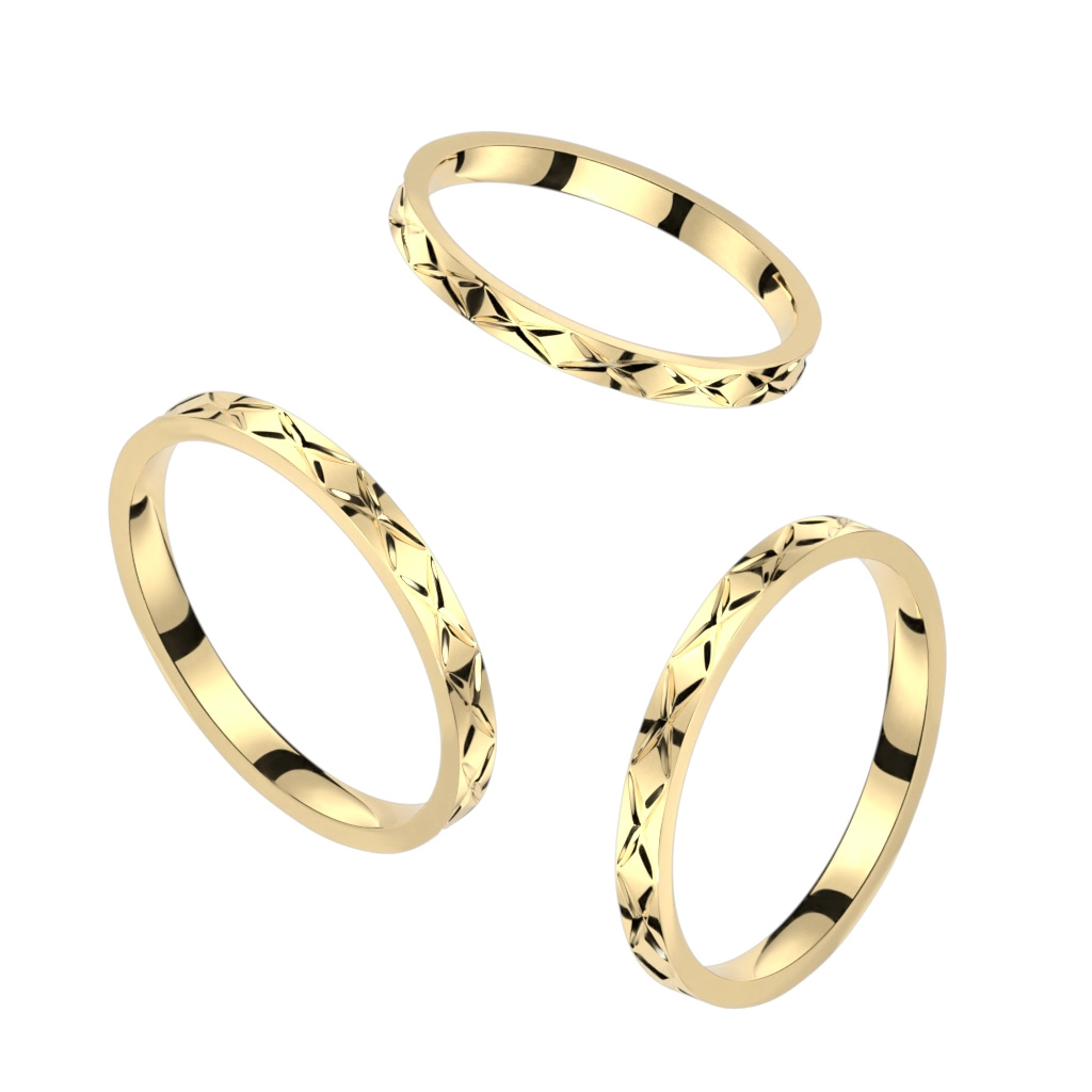 Prsten z nerezové oceli - gravírovaný vzor X, úzká ramena, zlatá barva - Velikost: 60