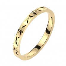 Prsten z nerezové oceli - gravírovaný vzor X, úzká ramena, zlatá barva