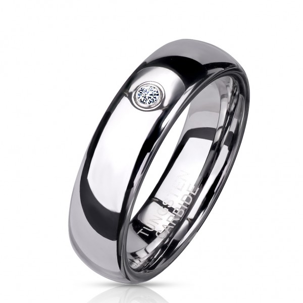 Wolframový prsten, stříbrná barva, vypouklá ramena, kulatý zirkon, 6 mm