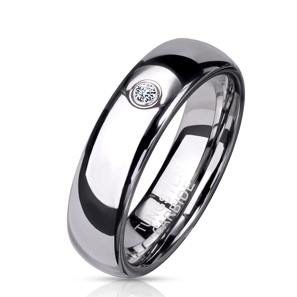 Wolframový prsten, stříbrná barva, vypouklá ramena, kulatý zirkon, 6 mm - Velikost: 49