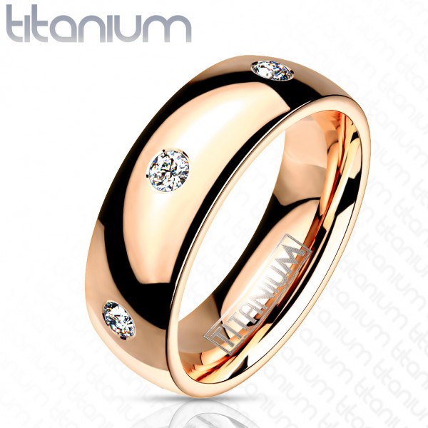 Titanový prsten v růžovém zlatě - čirý kulaté zirkony, 6 mm